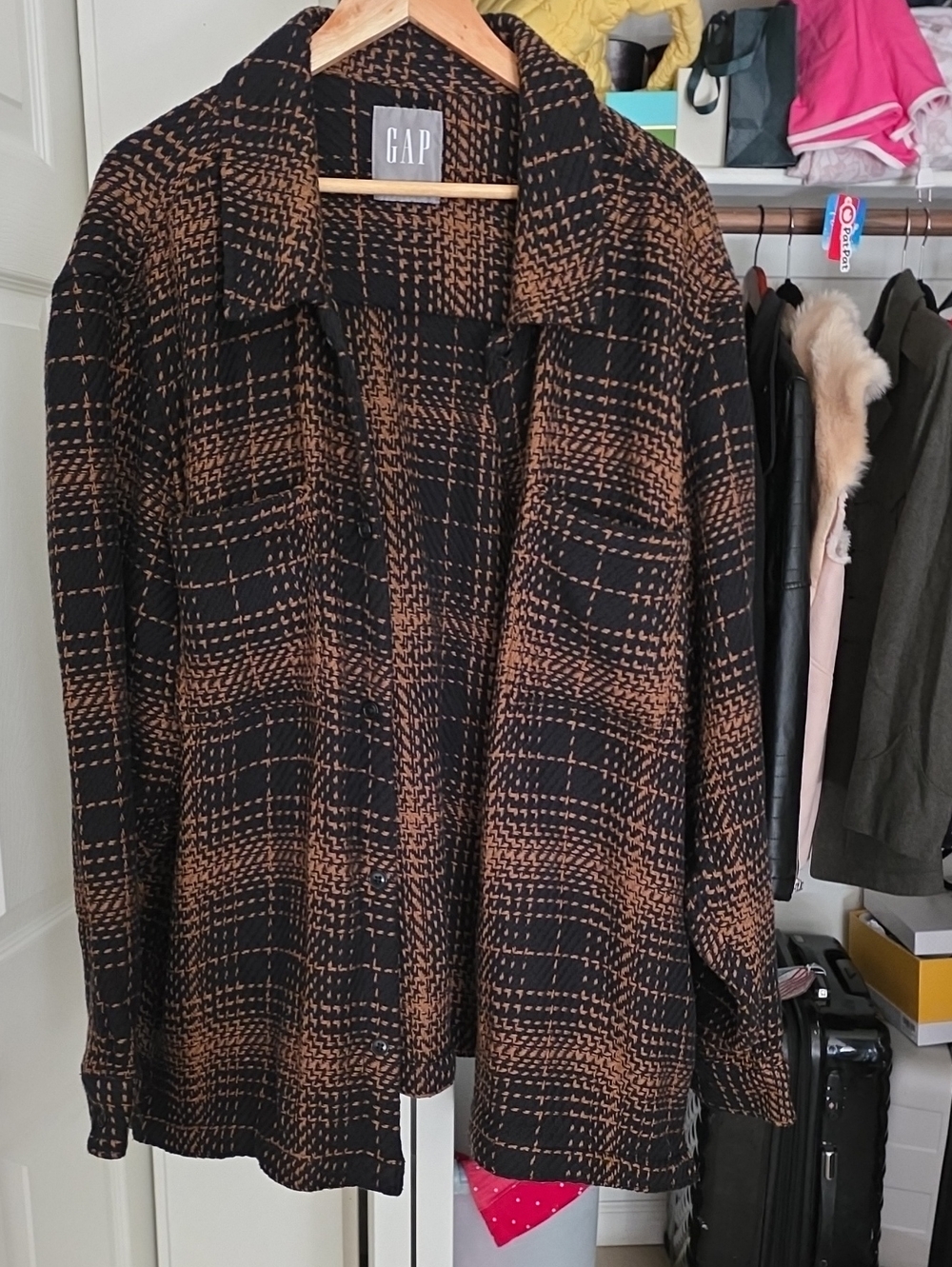 GAP Black and Brown Plaid Open-Front Sweater Jacket
